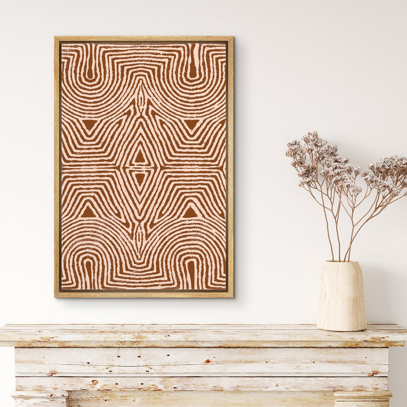 Modern Tribal Geometric Line Art - Symmetrical Minimalist Oil Painting in Warm Tones
