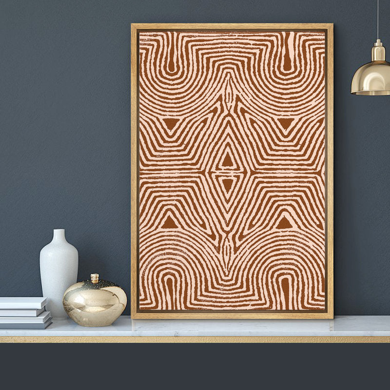Modern Tribal Geometric Line Art - Symmetrical Minimalist Oil Painting in Warm Tones