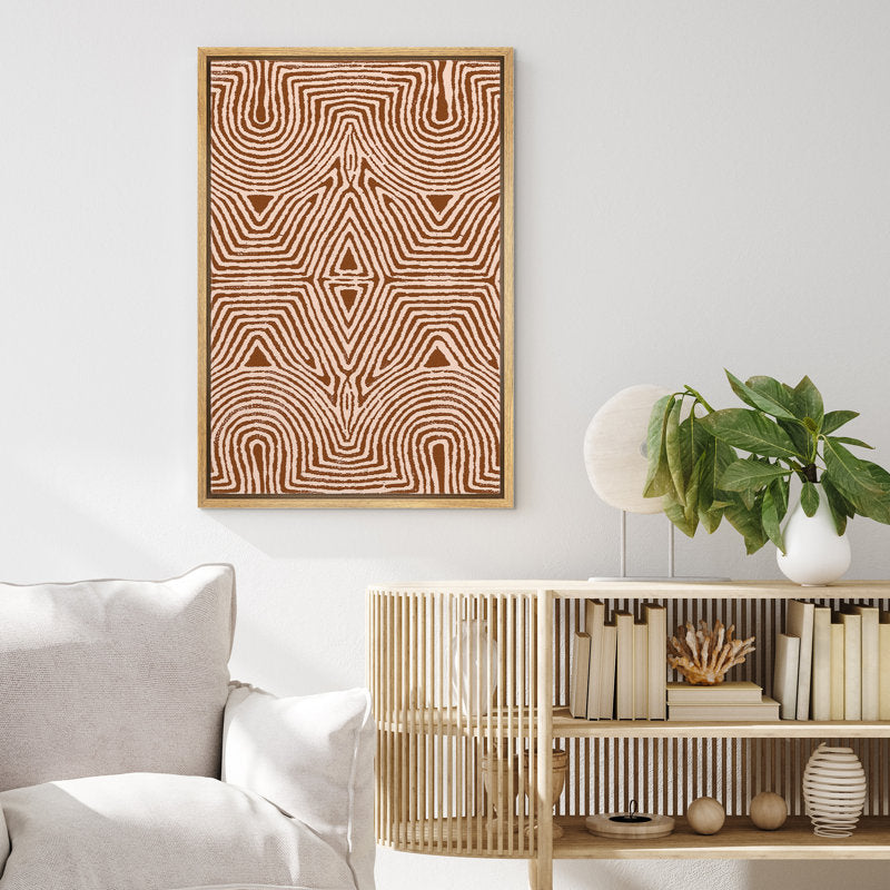 Modern Tribal Geometric Line Art - Symmetrical Minimalist Oil Painting in Warm Tones