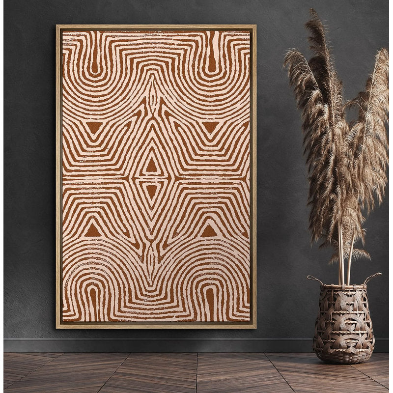 Modern Tribal Geometric Line Art - Symmetrical Minimalist Oil Painting in Warm Tones