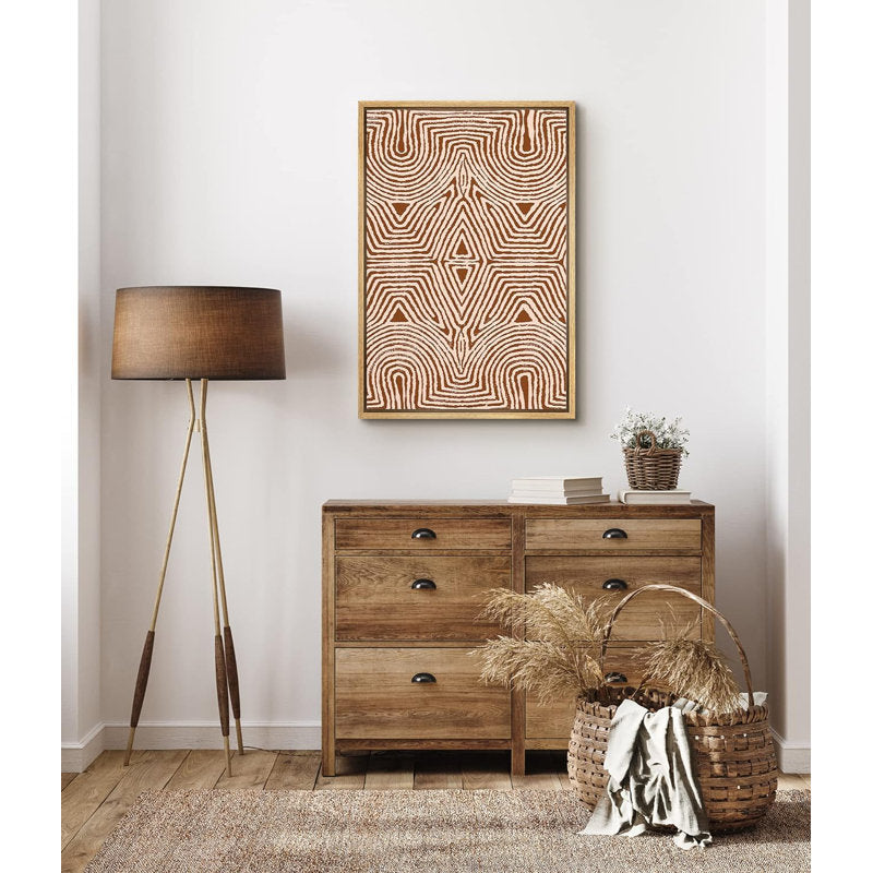 Modern Tribal Geometric Line Art - Symmetrical Minimalist Oil Painting in Warm Tones