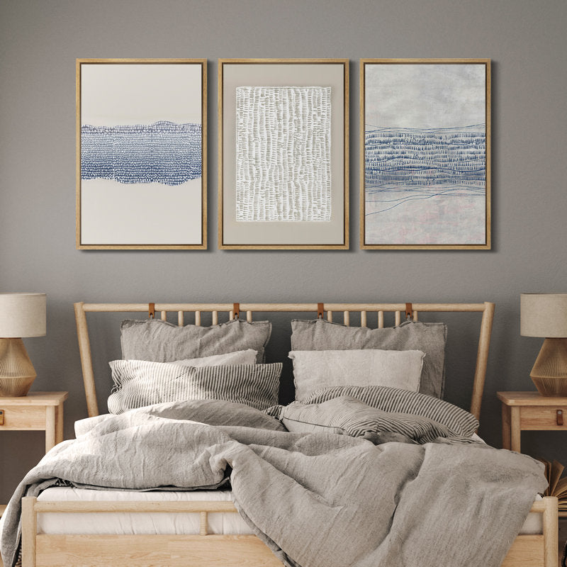 Modern Blue Abstract Geometric Triptych Canvas Art for Contemporary Home Decor