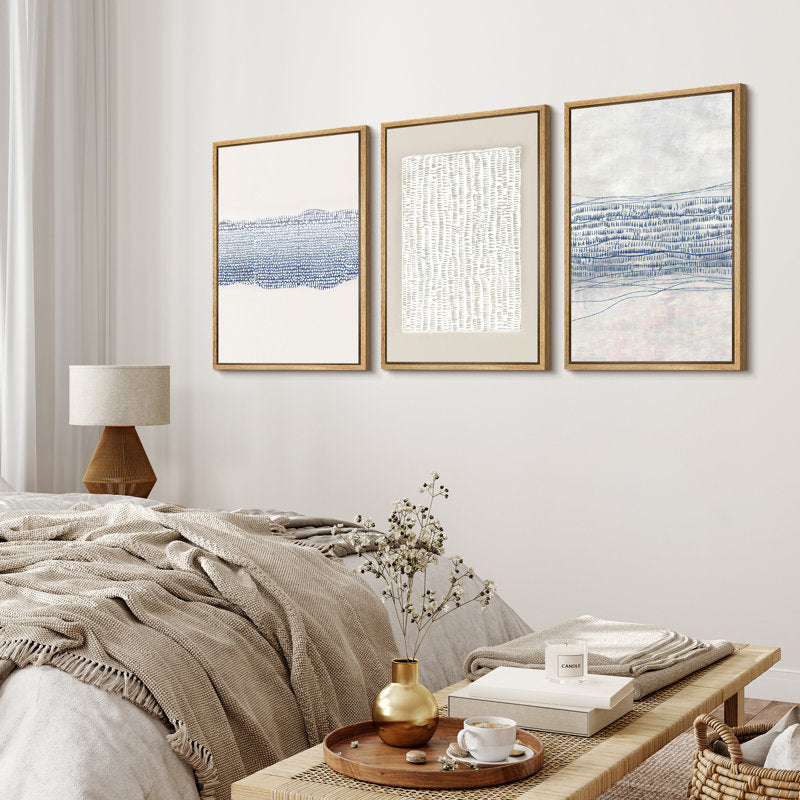 Modern Blue Abstract Geometric Triptych Canvas Art for Contemporary Home Decor