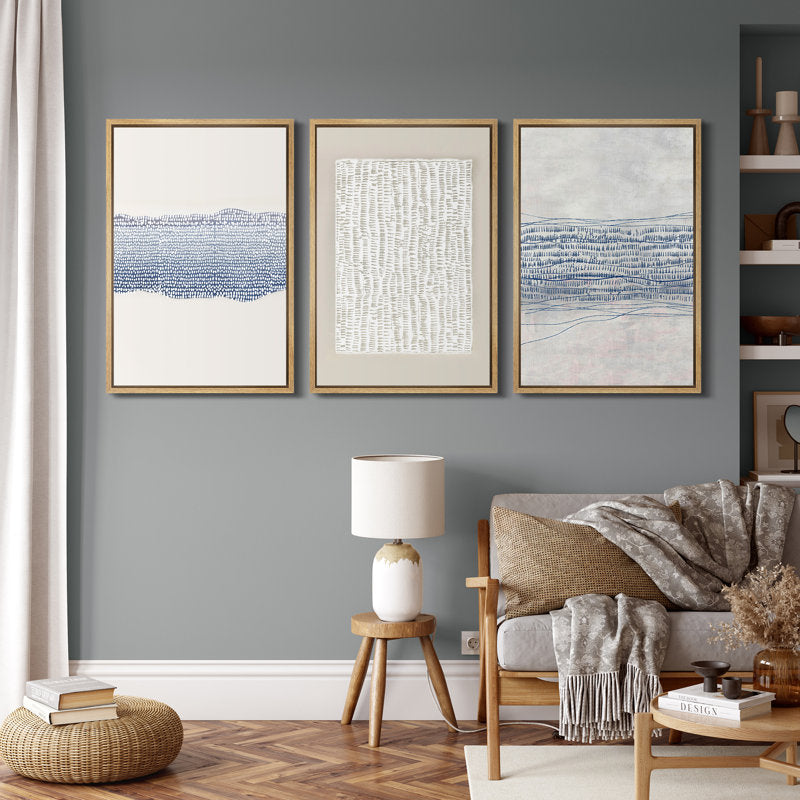 Modern Blue Abstract Geometric Triptych Canvas Art for Contemporary Home Decor