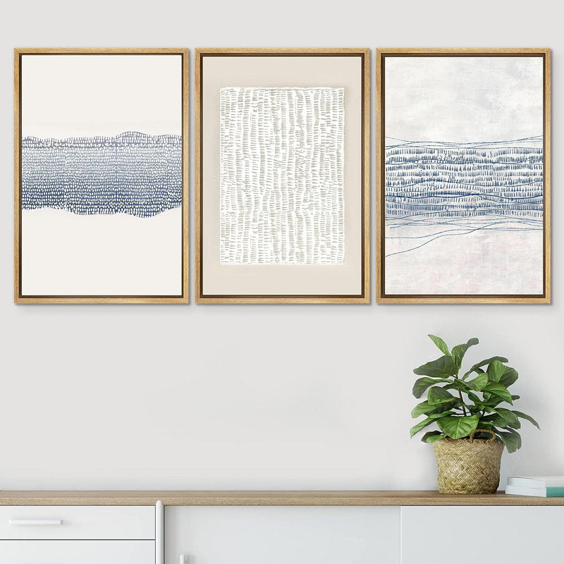 Modern Blue Abstract Geometric Triptych Canvas Art for Contemporary Home Decor