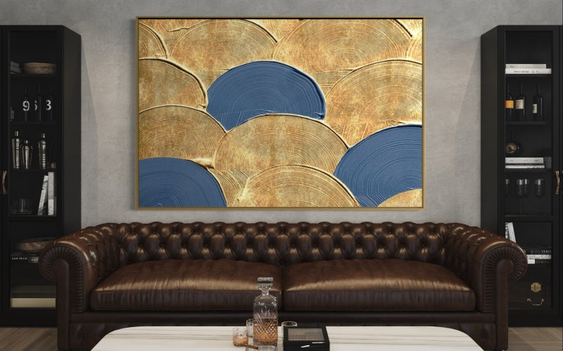 Elegant Blue and Gold Abstract Oil Painting for Contemporary Home Decor