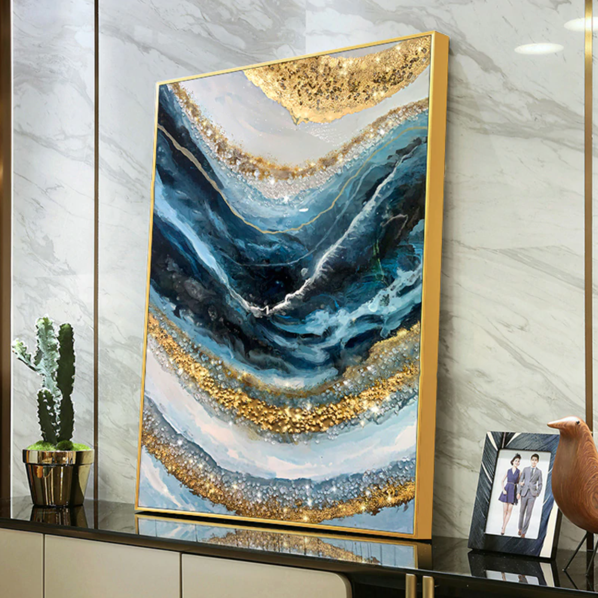Elegant Blue Waves with Gold Accents Oil Painting for Modern Home Décor