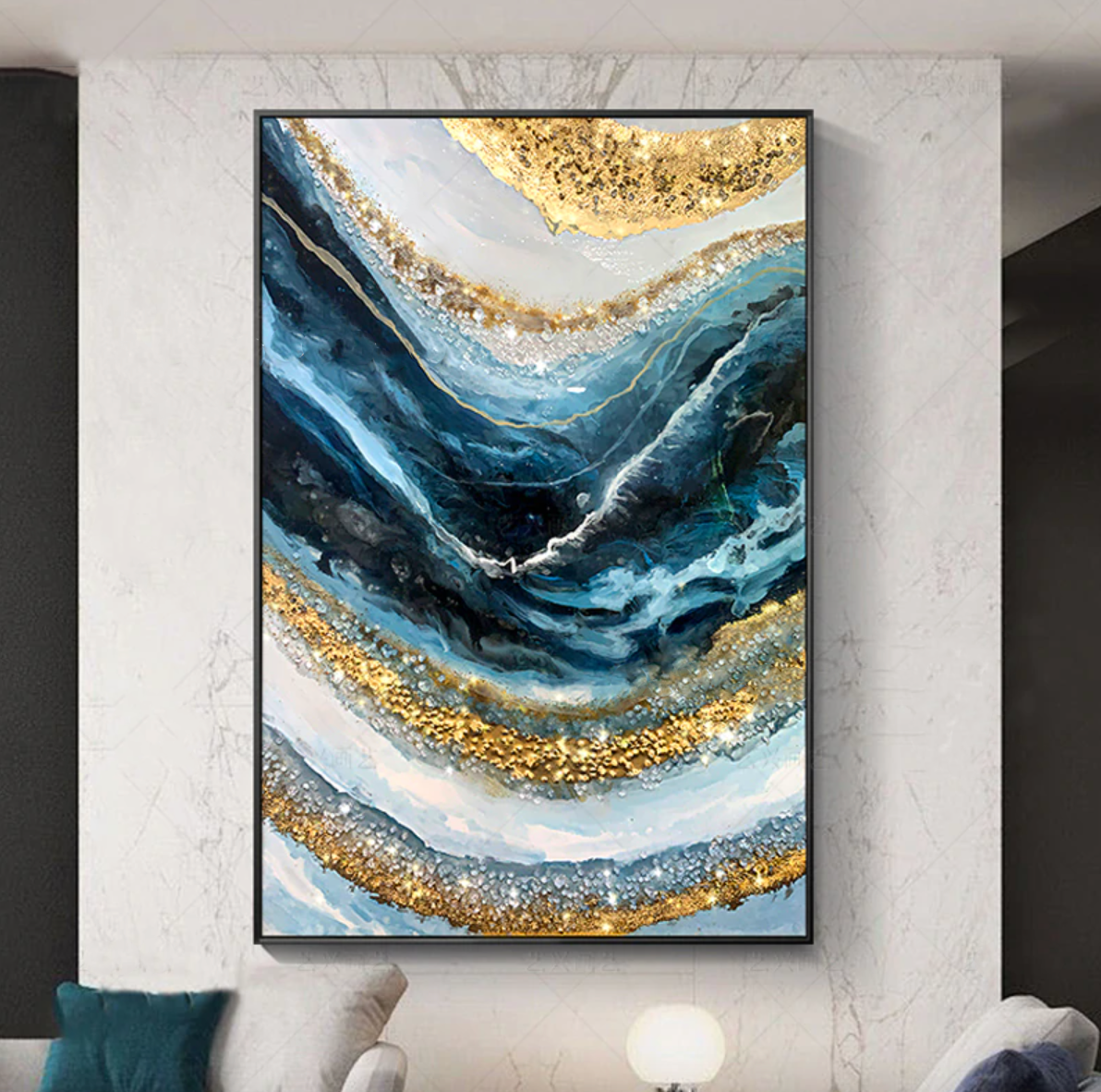 Elegant Blue Waves with Gold Accents Oil Painting for Modern Home Décor