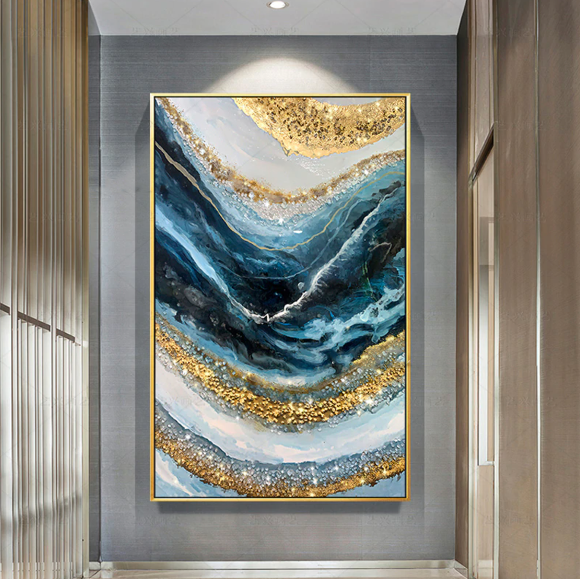 Elegant Blue Waves with Gold Accents Oil Painting for Modern Home Décor