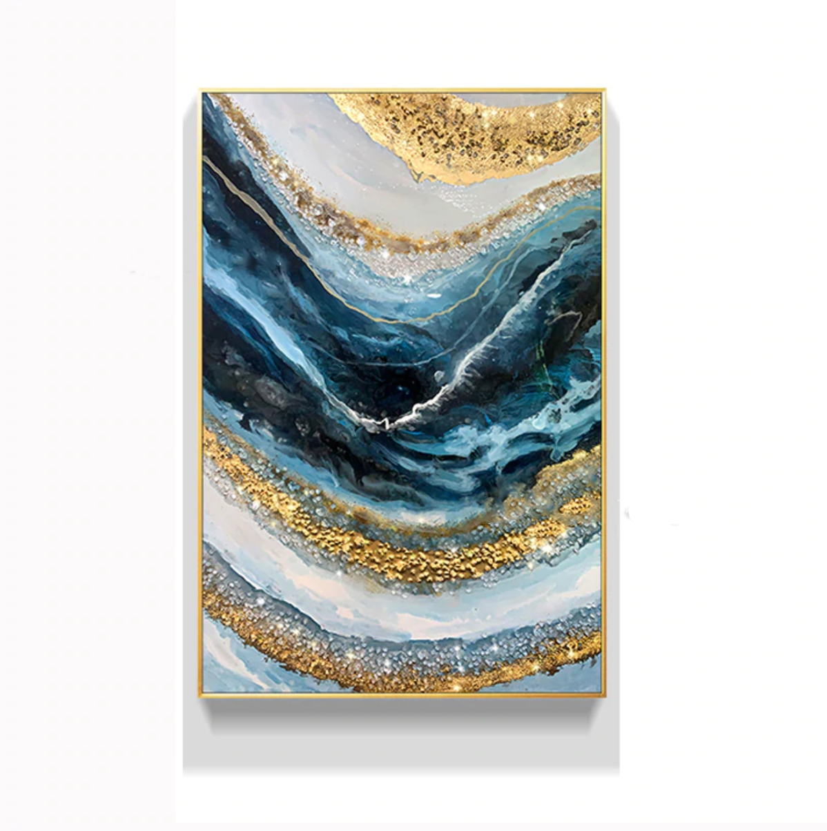 Elegant Blue Waves with Gold Accents Oil Painting for Modern Home Décor