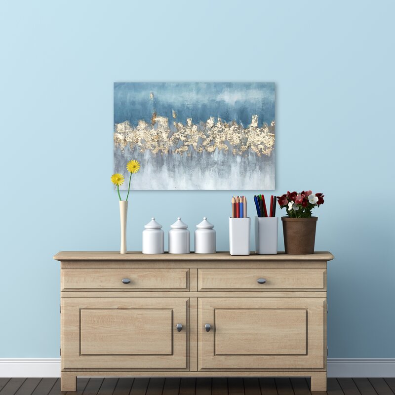 Elegant Blue and Gold Abstract Oil Painting on Wrapped Canvas