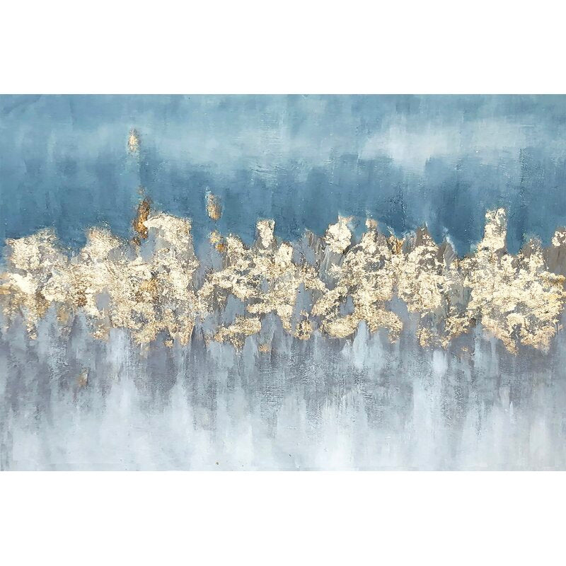 Elegant Blue and Gold Abstract Oil Painting on Wrapped Canvas