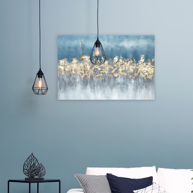 Elegant Blue and Gold Abstract Oil Painting on Wrapped Canvas