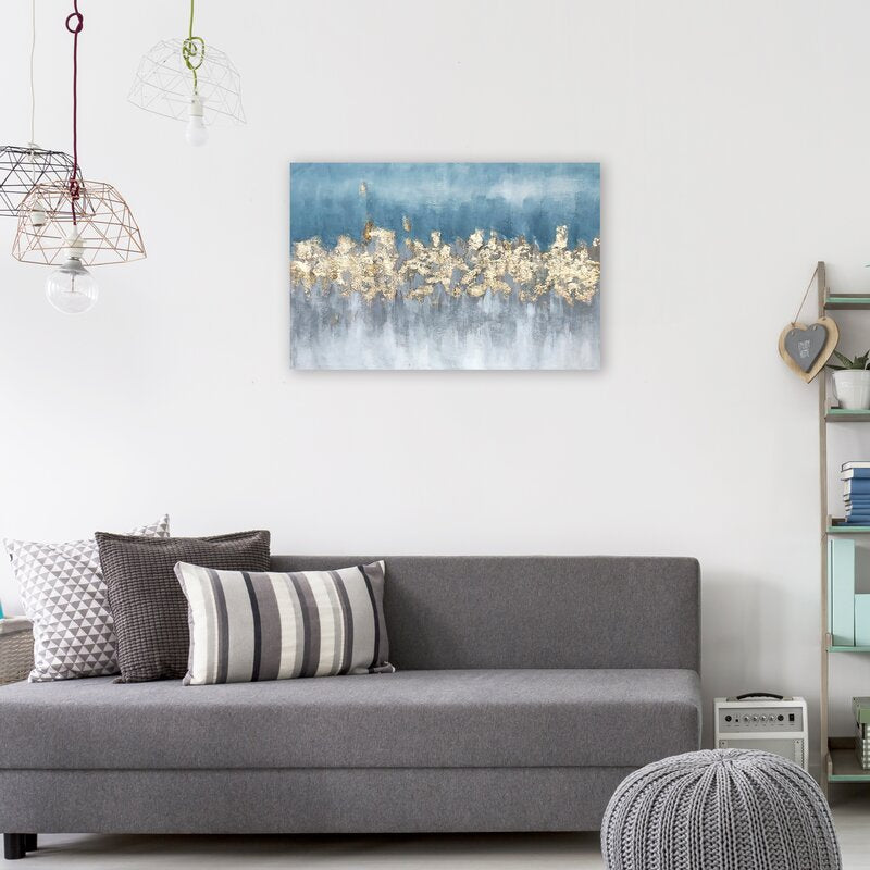 Elegant Blue and Gold Abstract Oil Painting on Wrapped Canvas