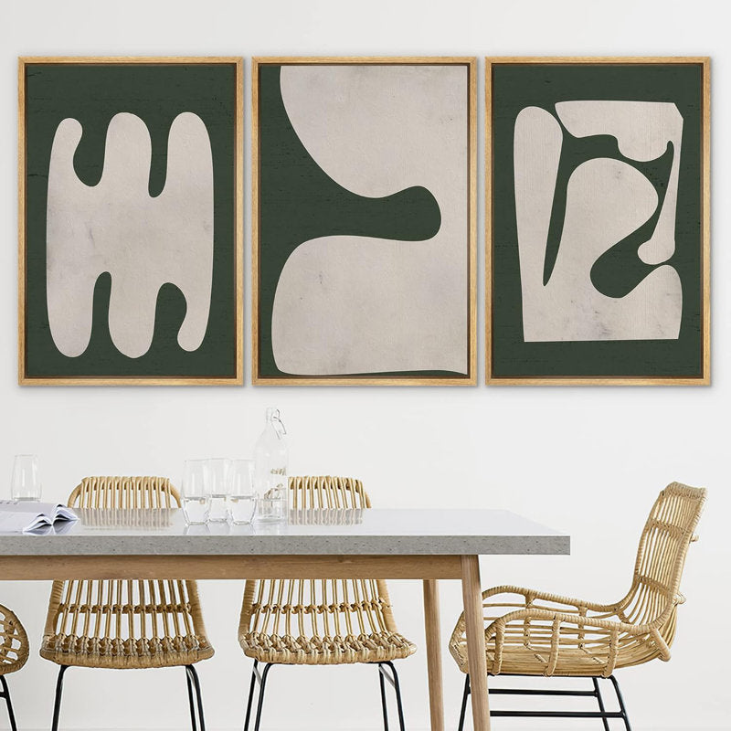 Modern Minimalist Green Polygon Art Deco Framed Triptych Canvas Painting