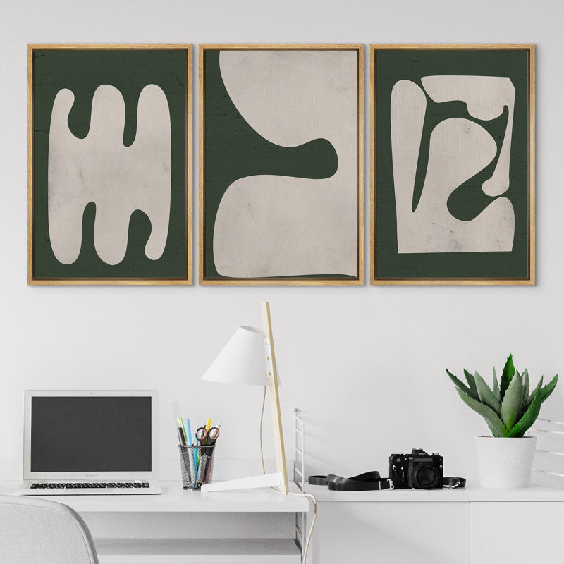 Modern Minimalist Green Polygon Art Deco Framed Triptych Canvas Painting