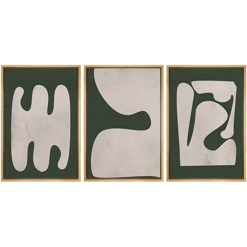 Modern Minimalist Green Polygon Art Deco Framed Triptych Canvas Painting