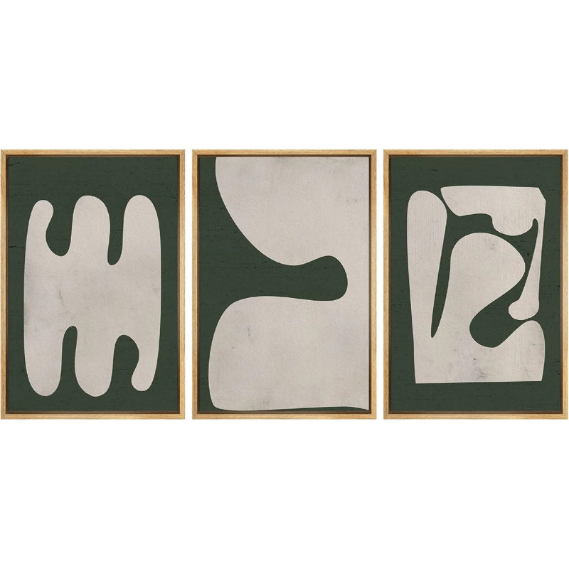 Modern Minimalist Green Polygon Art Deco Framed Triptych Canvas Painting