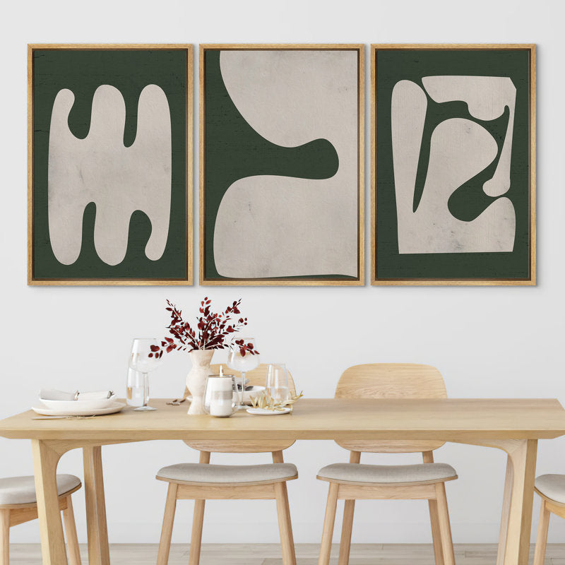 Modern Minimalist Green Polygon Art Deco Framed Triptych Canvas Painting
