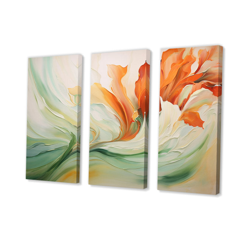 Vibrant Green and Orange Floral Triptych Oil Painting for Modern Decor