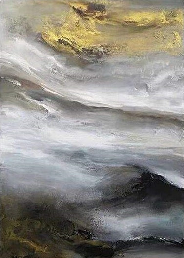 Abstract Oil Painting of a Stormy Sky with Golden Hues and Dramatic Waves