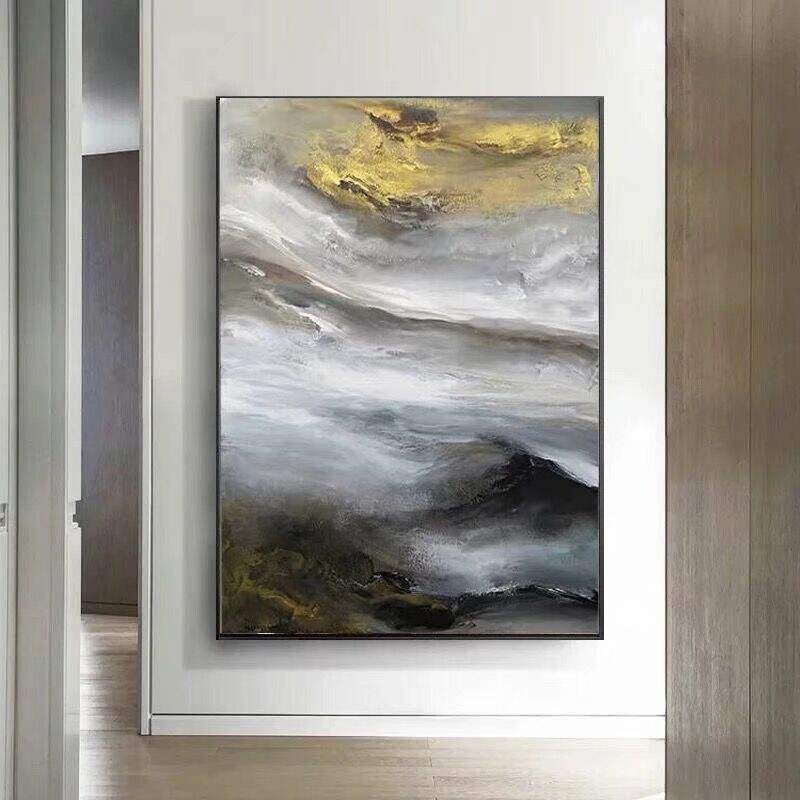 Abstract Oil Painting of a Stormy Sky with Golden Hues and Dramatic Waves