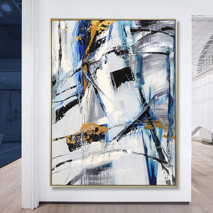 Dynamic Abstract Oil Painting in Bold Blues and Golds for Modern Home Decor