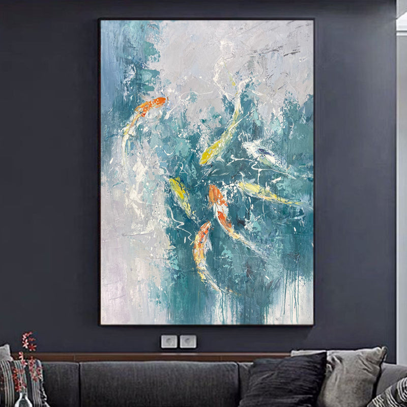Vibrant Koi Fish Swimming in Tranquil Waters Oil Painting for Home Decor