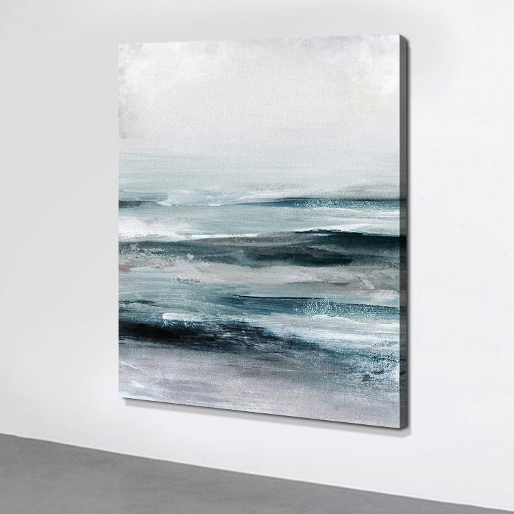 Emotive Abstract Oil Painting of Tranquil Ocean Waves in Serene Blue Tones