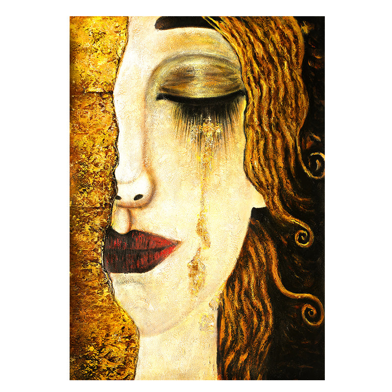 Elegant Oil Painting of a Somber Woman with Golden Tones and Emotional Depth