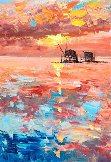 Beautiful Pink Sunset Over Calm Ocean Sky - Vibrant Oil Painting for Home Decor