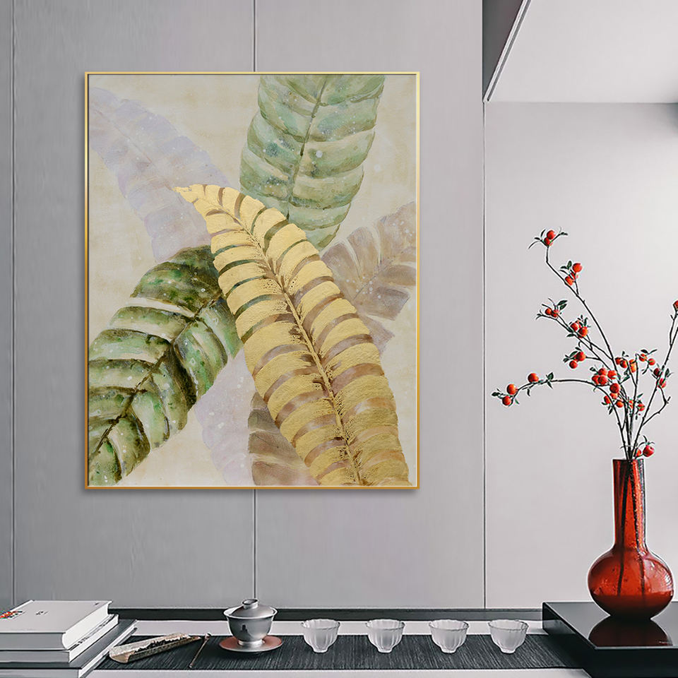 Elegant Golden Leaves: Nature-Inspired Oil Painting for Home Decor