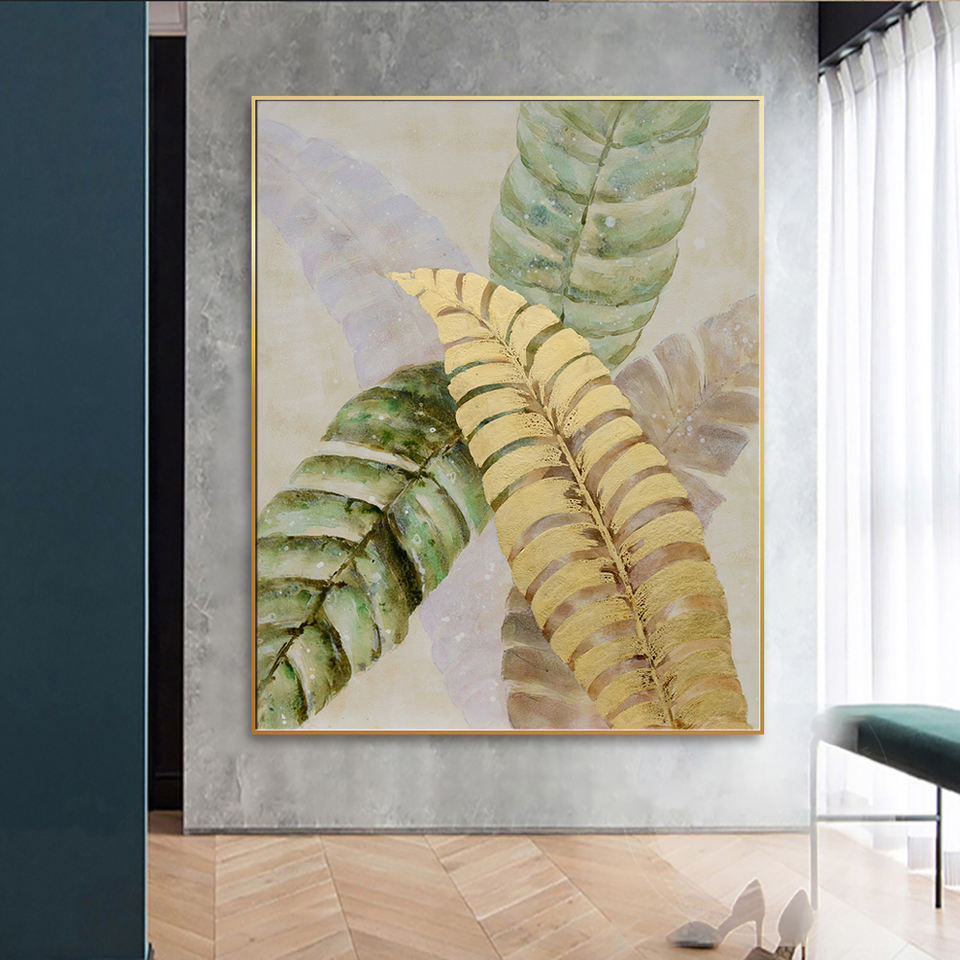 Elegant Golden Leaves: Nature-Inspired Oil Painting for Home Decor