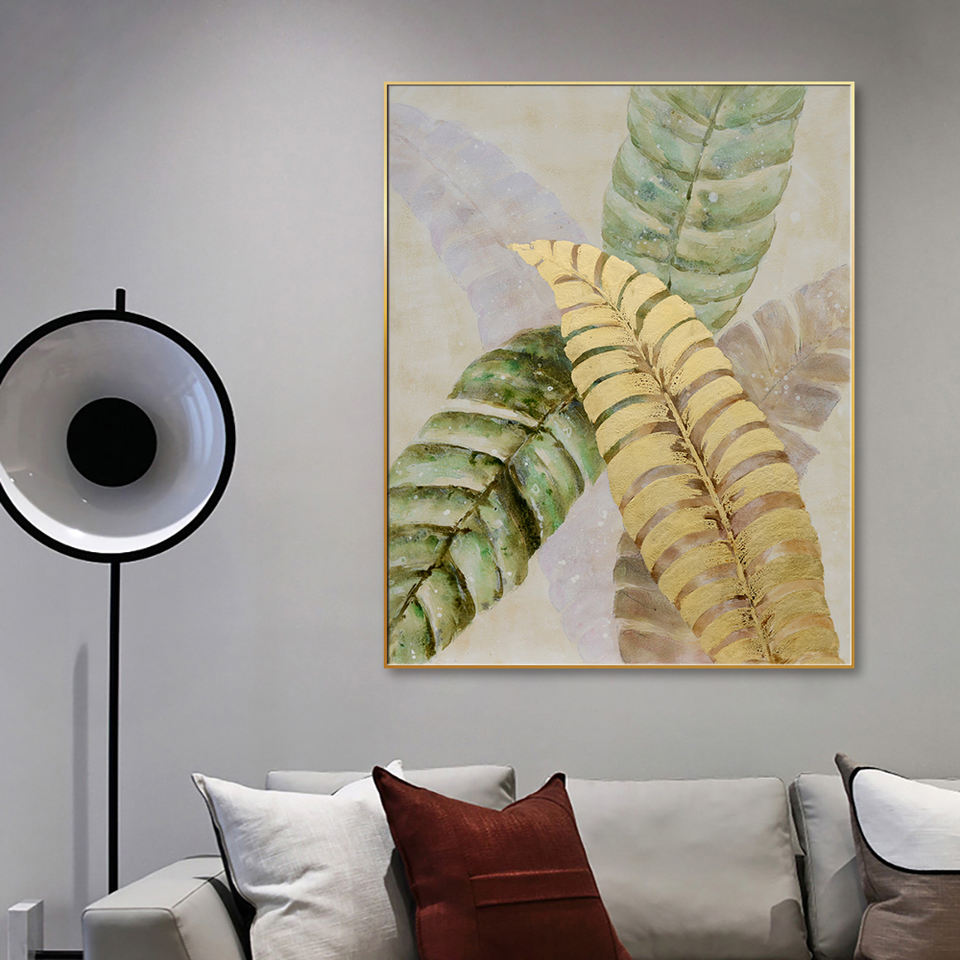 Elegant Golden Leaves: Nature-Inspired Oil Painting for Home Decor