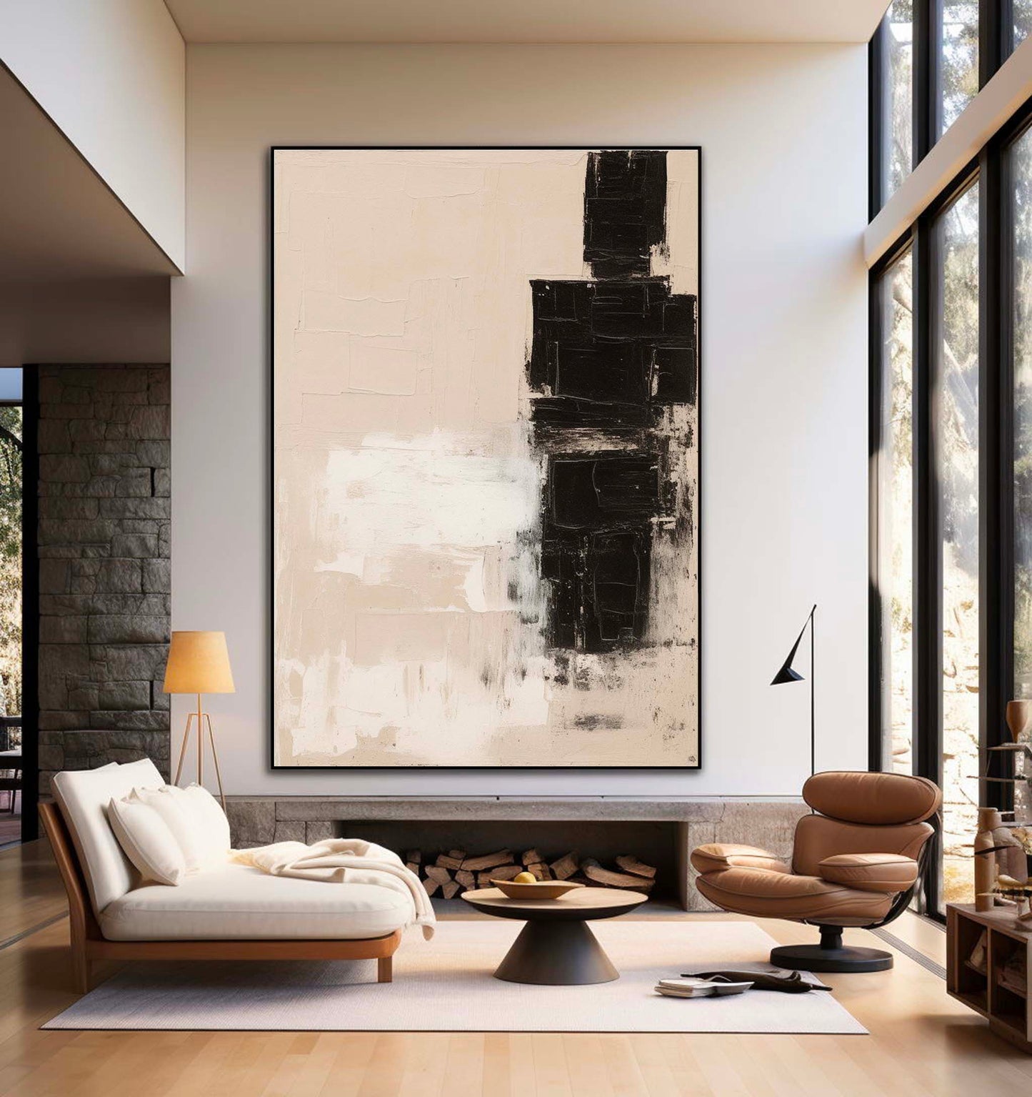 Contemporary Black and White Minimalist Abstract Oil Painting for Modern Decor