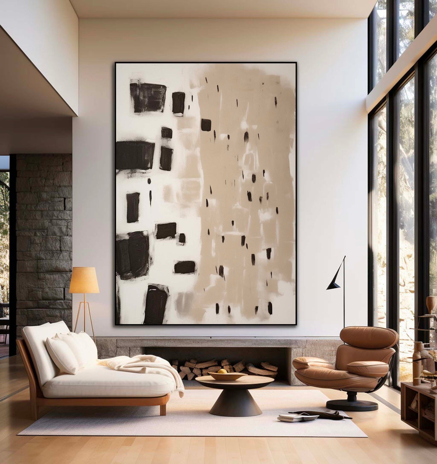 Contemporary Minimalist Abstract Oil Painting in Black and Beige Tones