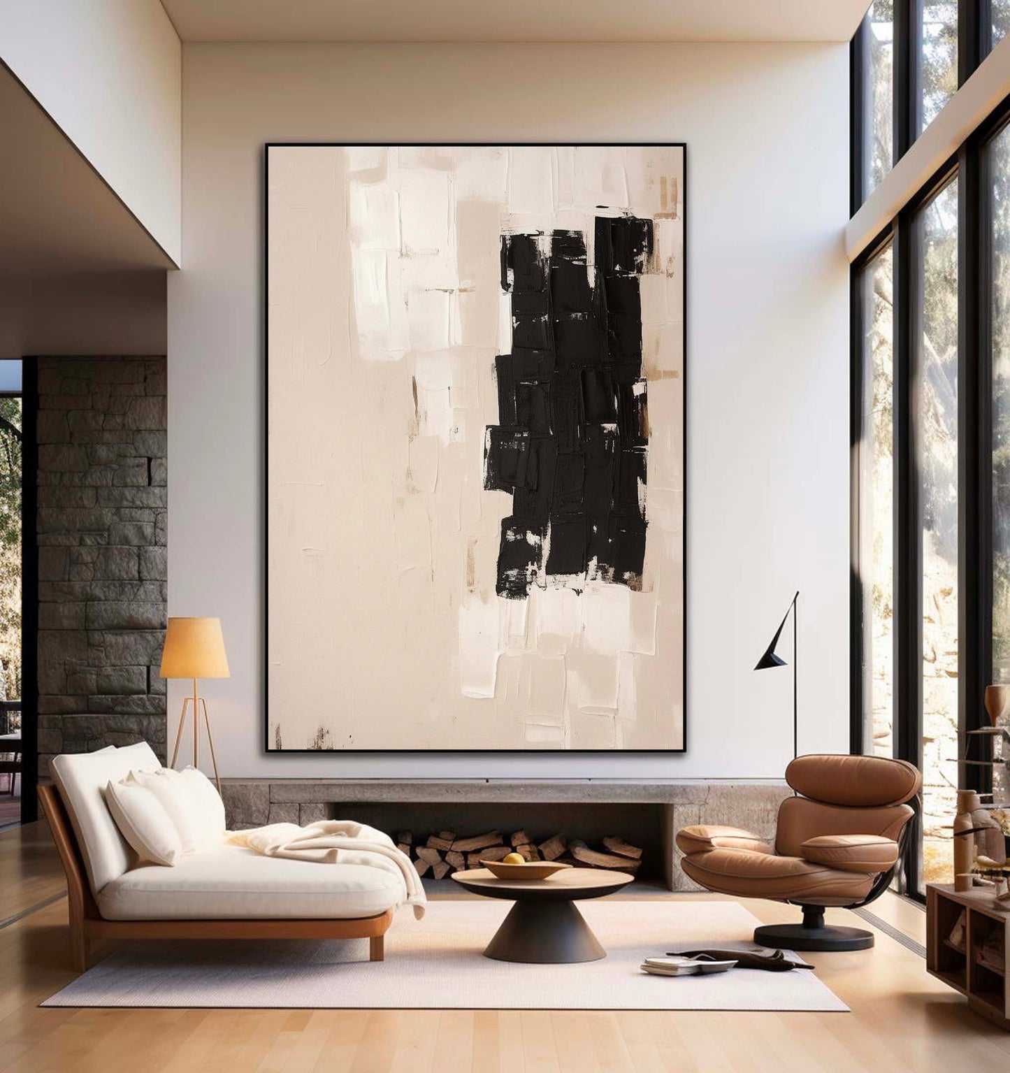 Contemporary Minimalist Black and White Abstract Oil Painting for Modern Decor