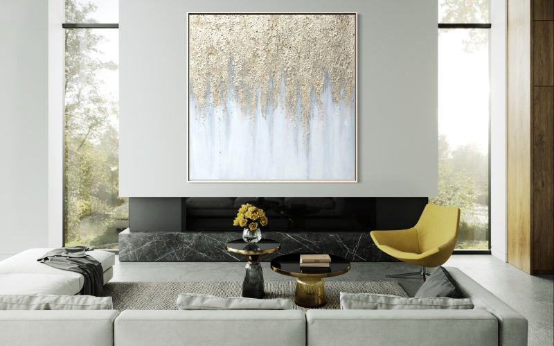 Serene Abstract Oil Painting with Golden Textures and Cool Blue Hues