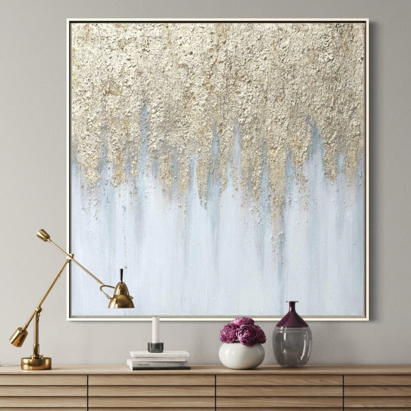 Serene Abstract Oil Painting with Golden Textures and Cool Blue Hues