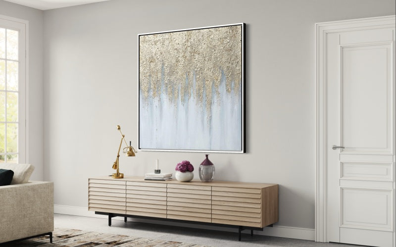 Serene Abstract Oil Painting with Golden Textures and Cool Blue Hues