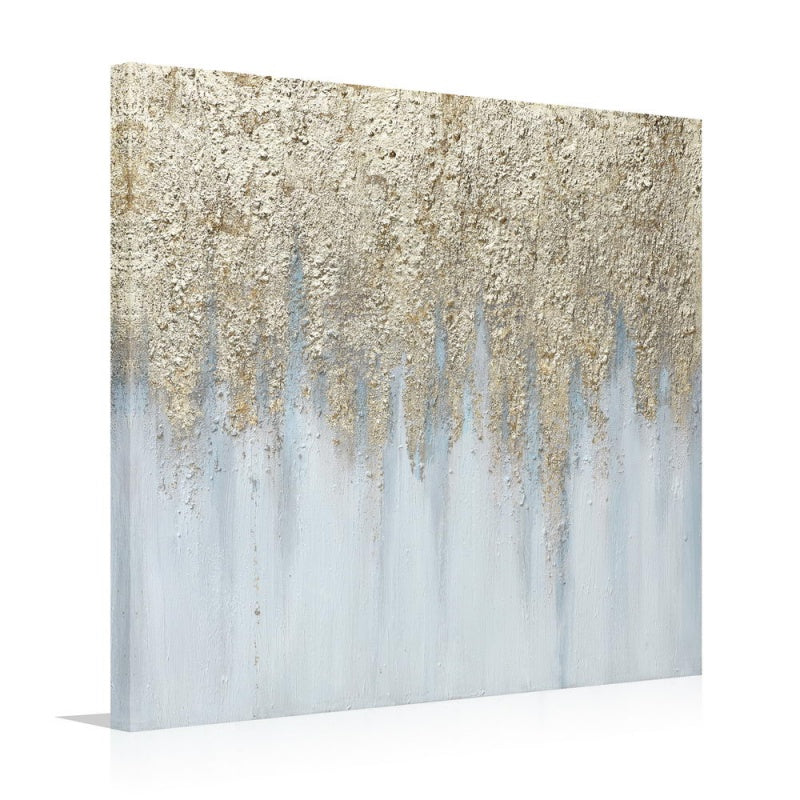 Serene Abstract Oil Painting with Golden Textures and Cool Blue Hues