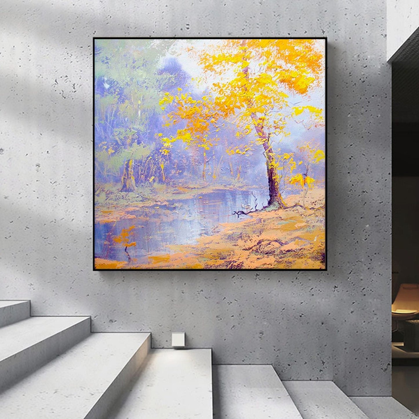 Serene Autumn Reflection: Vibrant Oil Painting of Nature's Tranquility