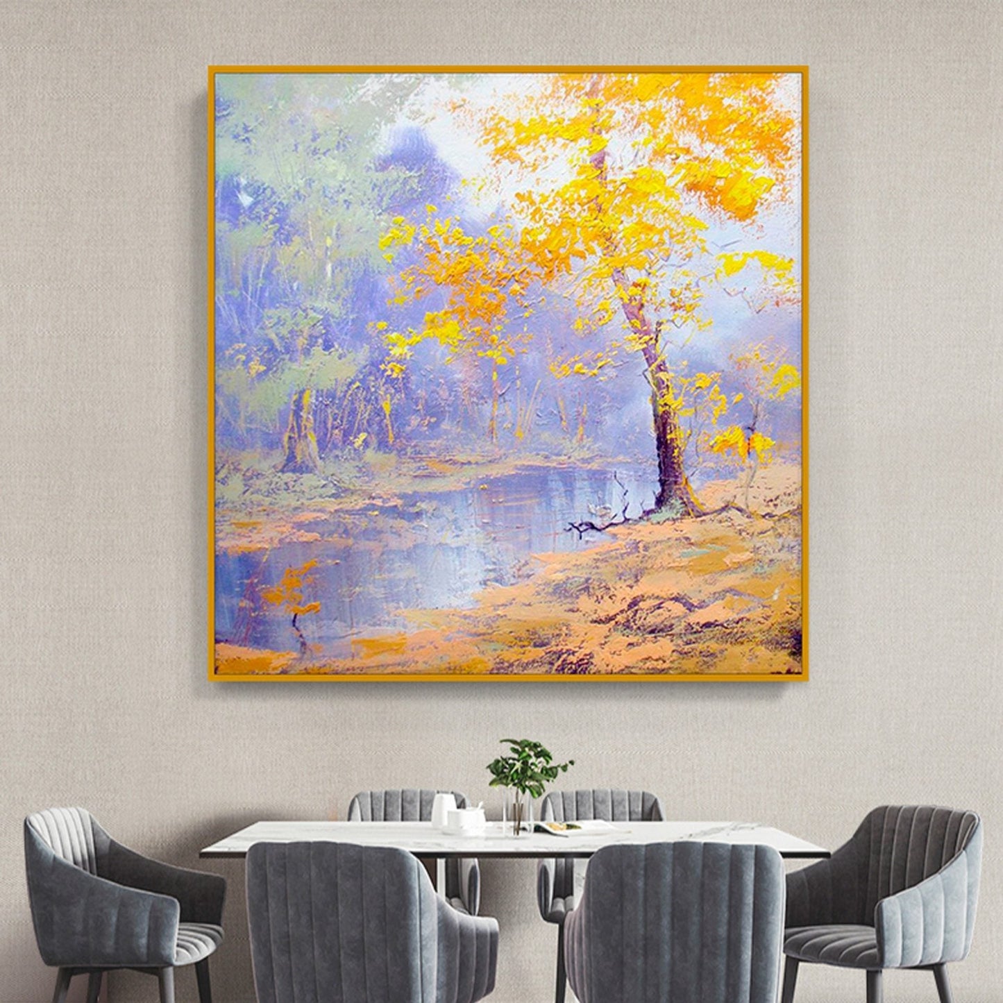 Serene Autumn Reflection: Vibrant Oil Painting of Nature's Tranquility