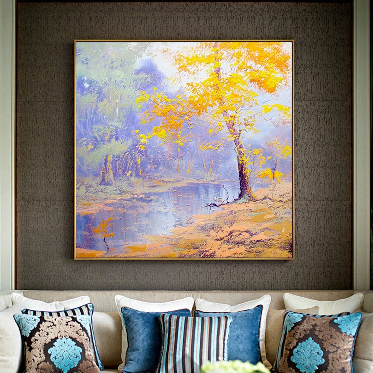 Serene Autumn Reflection: Vibrant Oil Painting of Nature's Tranquility