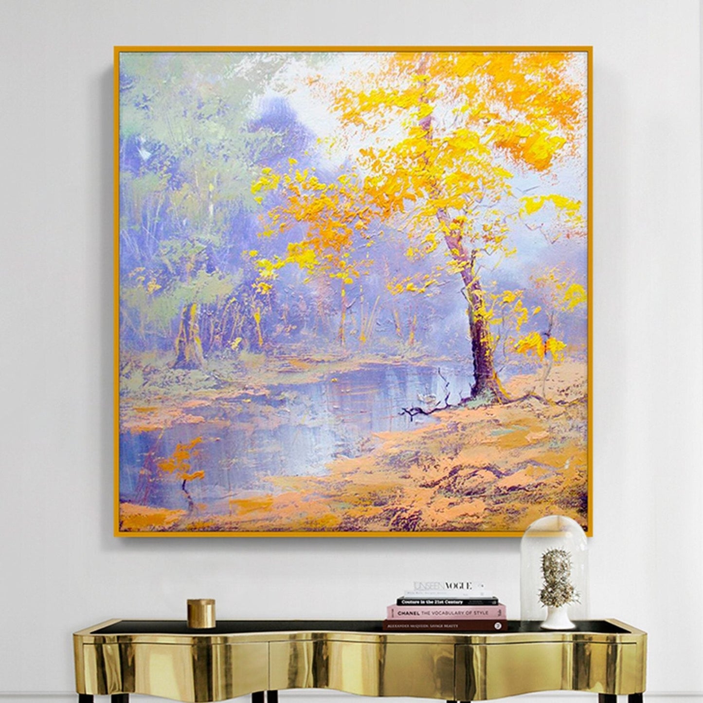 Serene Autumn Reflection: Vibrant Oil Painting of Nature's Tranquility