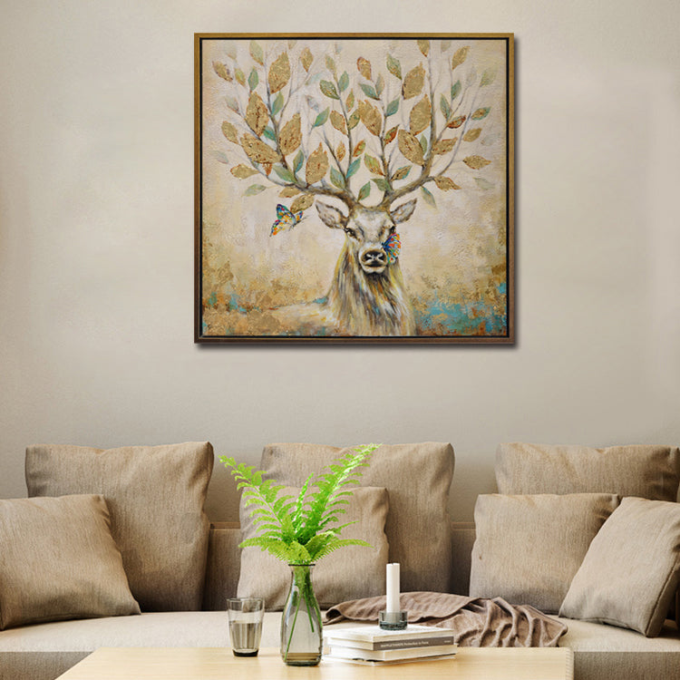 Majestic Stag with Butterflies and Leafy Antlers - Nature-Inspired Oil Painting