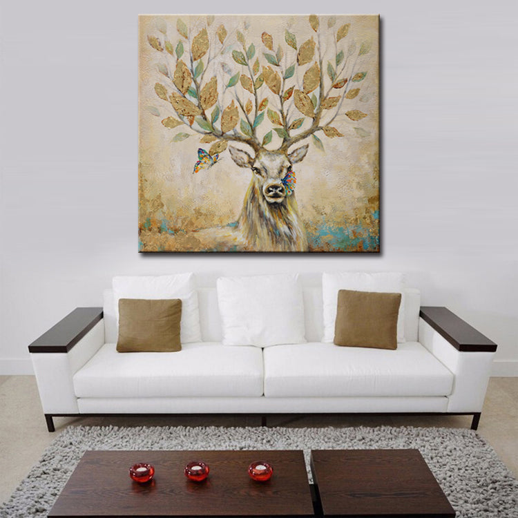 Majestic Stag with Butterflies and Leafy Antlers - Nature-Inspired Oil Painting