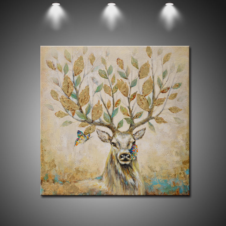 Majestic Stag with Butterflies and Leafy Antlers - Nature-Inspired Oil Painting