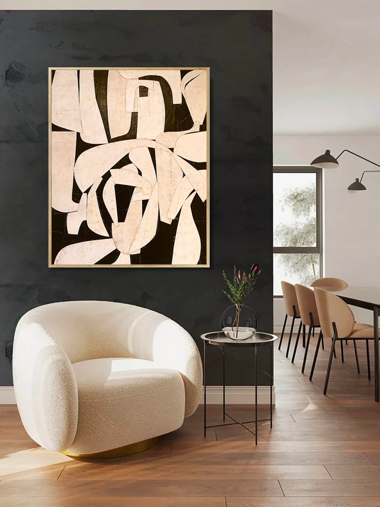 Contemporary Minimalist Black and White Abstract Oil Painting for Modern Décor