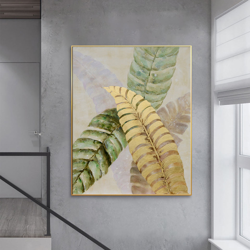 Elegant Golden Leaves: Nature-Inspired Oil Painting for Home Decor